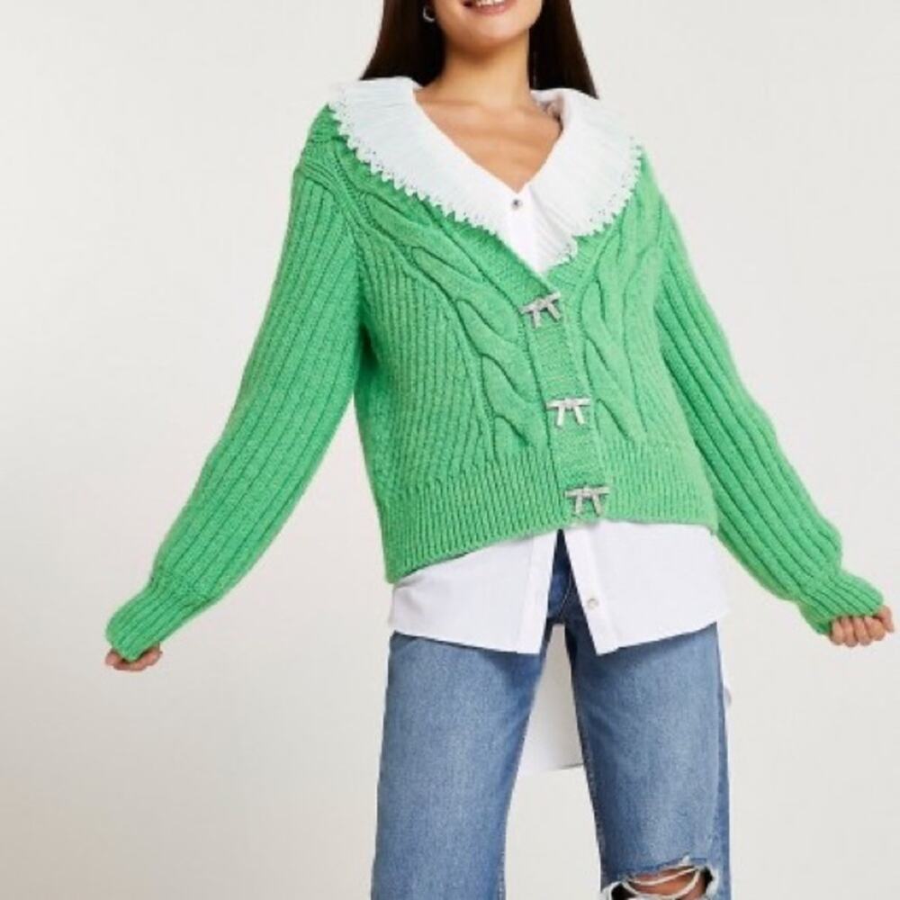 EUC River Island chunky knit boxy cardigan sweater bright green size XS - Picture 7 of 7